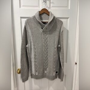 Trash Nouveau Men’s Shawl Neck Cable Knit Sweater Sz L Gray Grandpa Nordic EUC